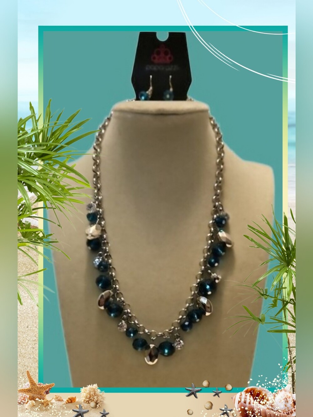 Paparazzi "Downstage Dazzle" Teal Crystal-like Bead Silver Tone Necklace Set